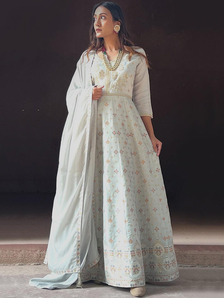 Grey Self Design Silk Anarkali Suit Set - ShopLibas