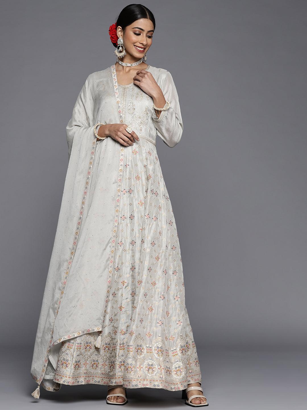 Grey Self Design Silk Anarkali Suit Set - ShopLibas