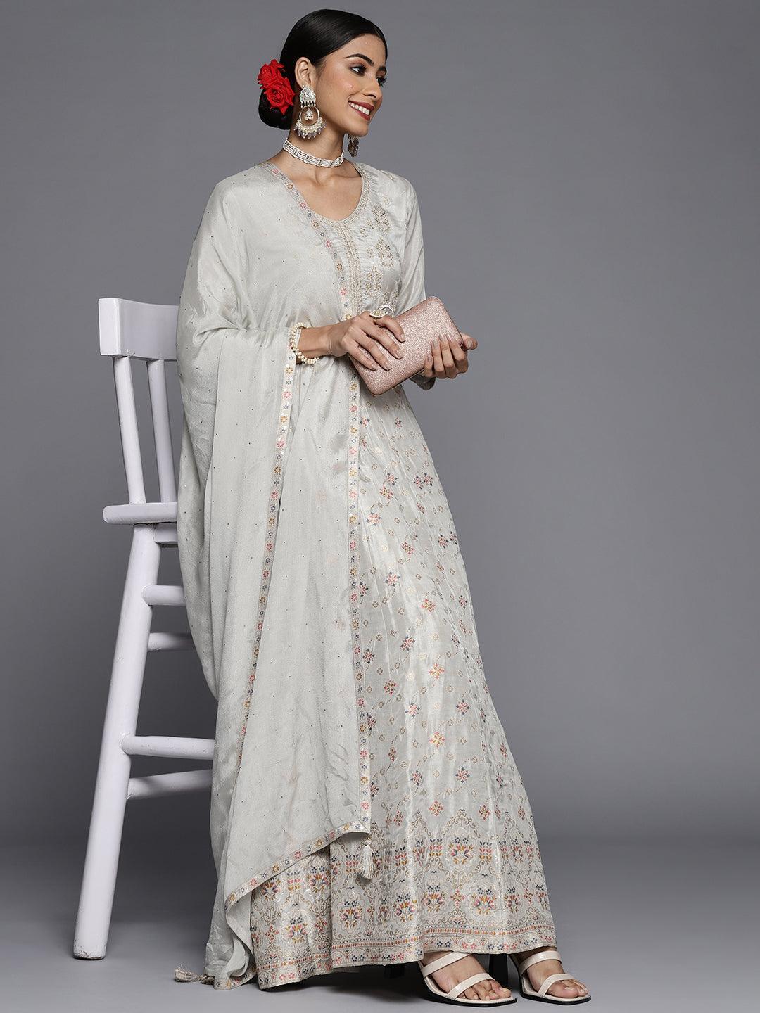 Grey Self Design Silk Anarkali Suit Set - ShopLibas