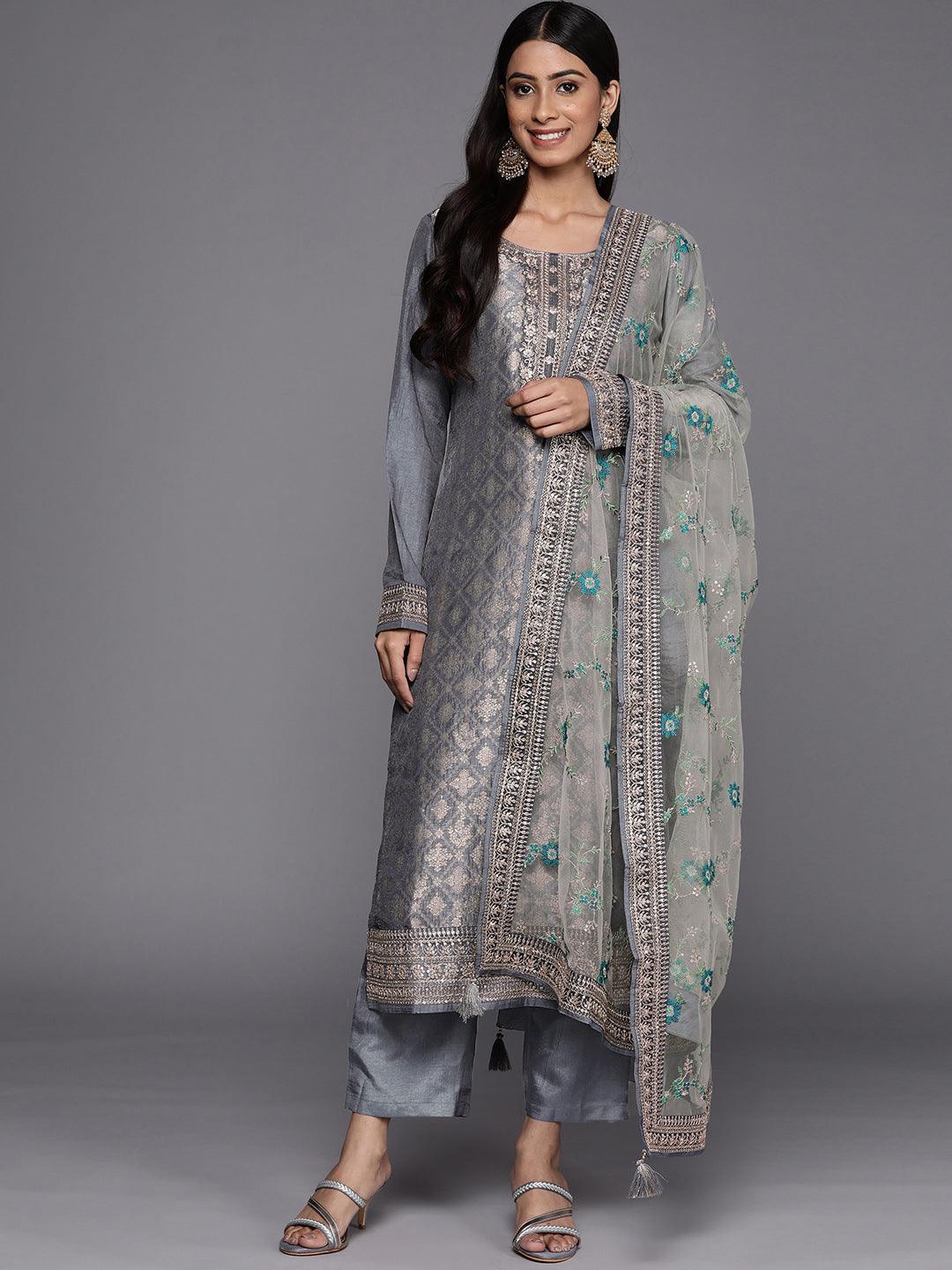 Grey Self Design Silk Blend Straight Suit Set - ShopLibas