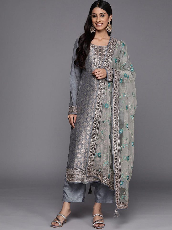 Grey Self Design Silk Blend Straight Suit Set - ShopLibas