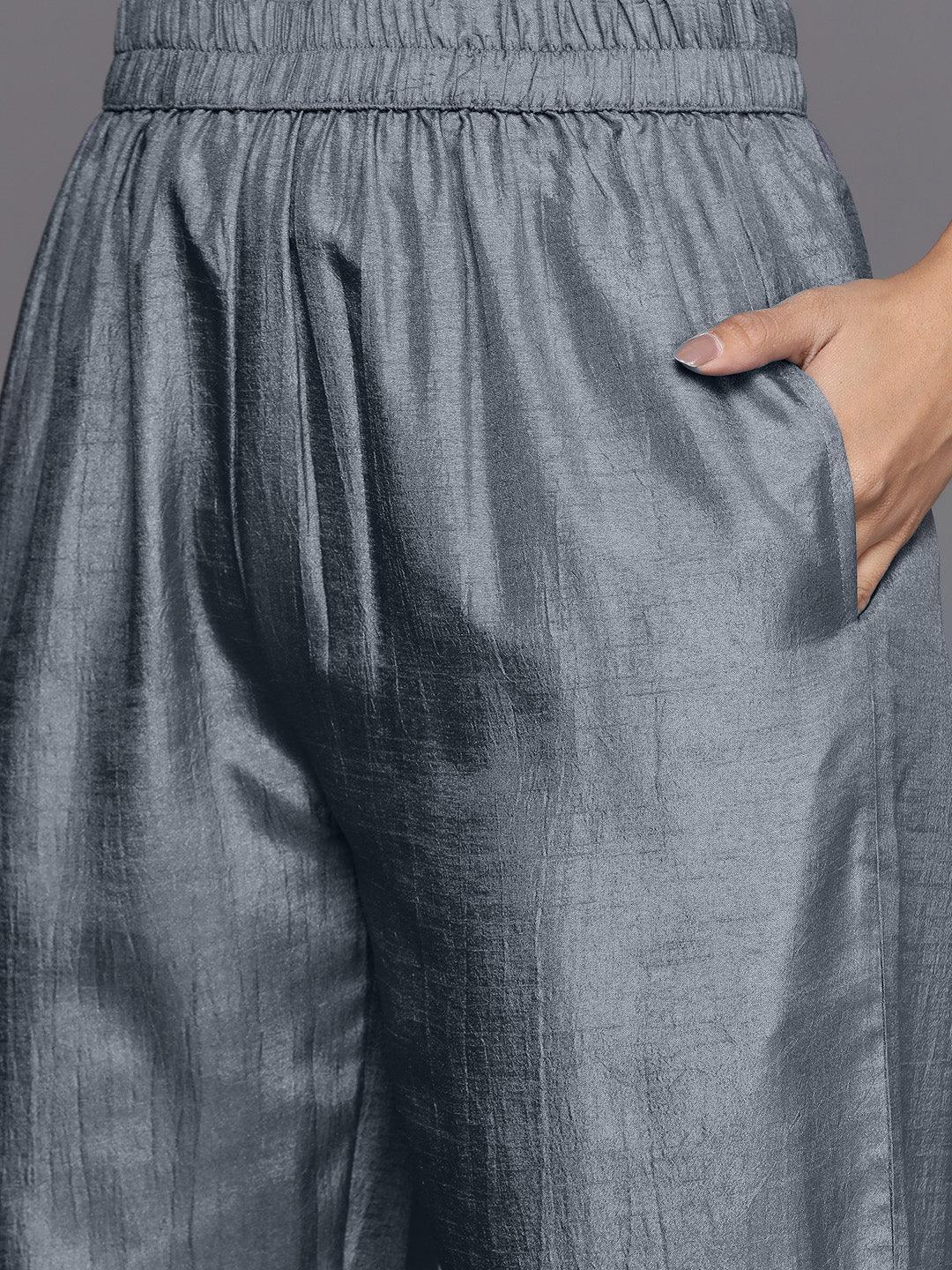 Grey Self Design Silk Blend Straight Suit Set - ShopLibas