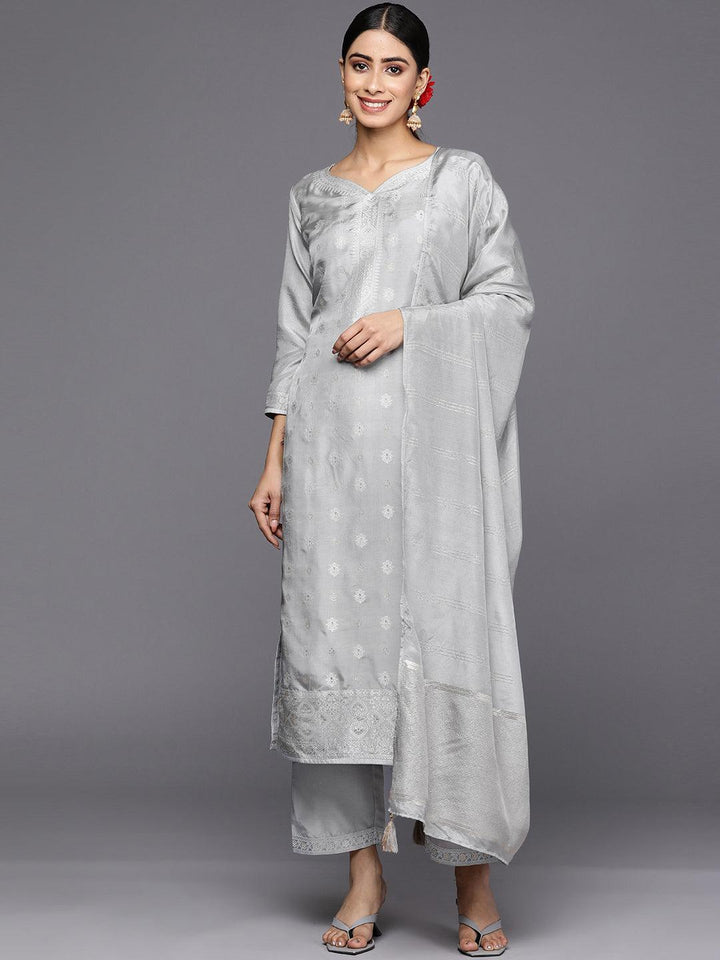 Grey Self Design Silk Blend Straight Suit Set With Trousers - ShopLibas