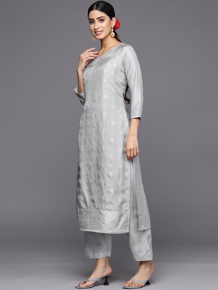 Grey Self Design Silk Blend Straight Suit Set With Trousers - ShopLibas