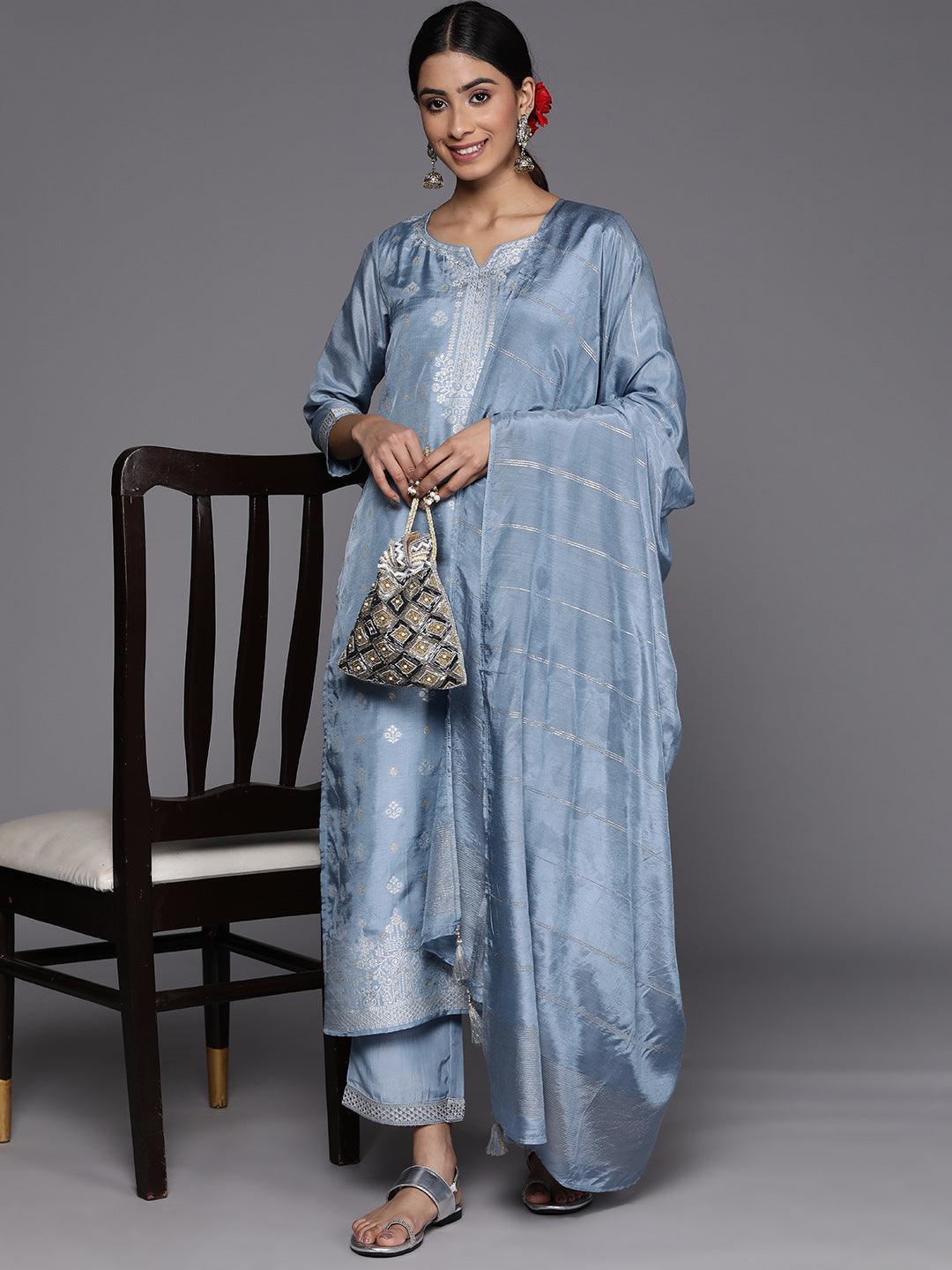 Grey Self Design Silk Blend Suit Set With Trousers - ShopLibas 
