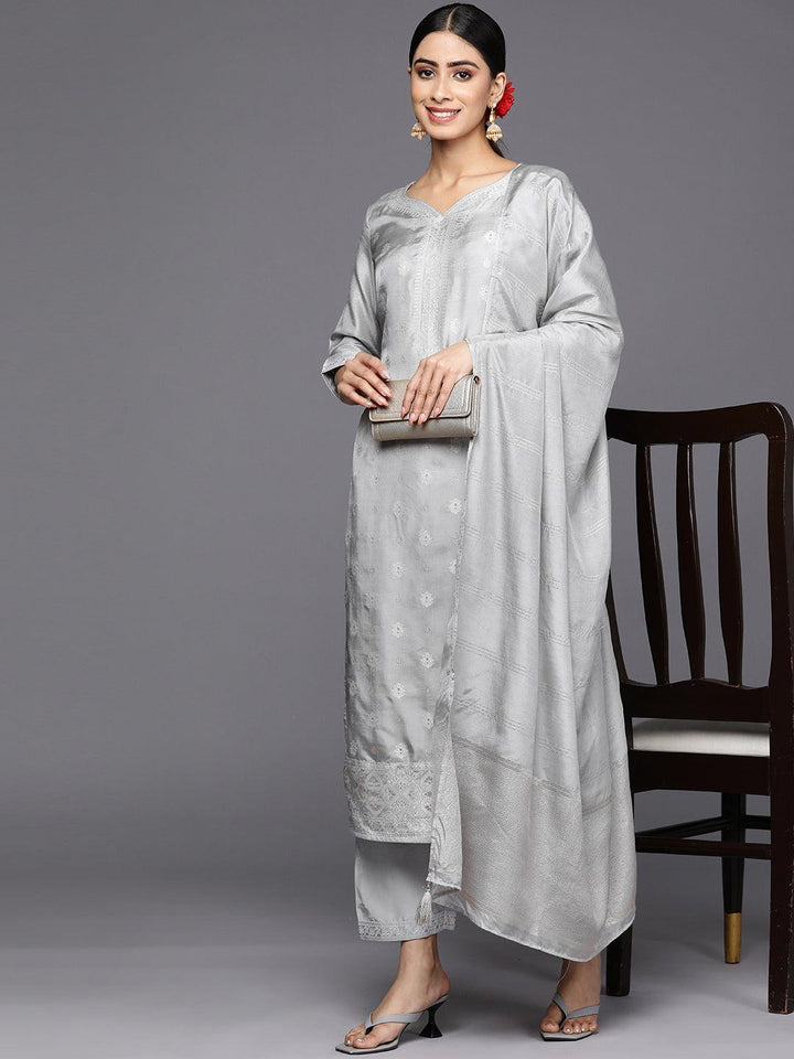 Grey Self Design Silk Blend Straight Suit Set With Trousers - ShopLibas