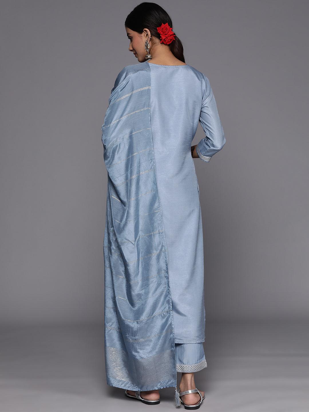 Grey Self Design Silk Blend Suit Set With Trousers - ShopLibas 