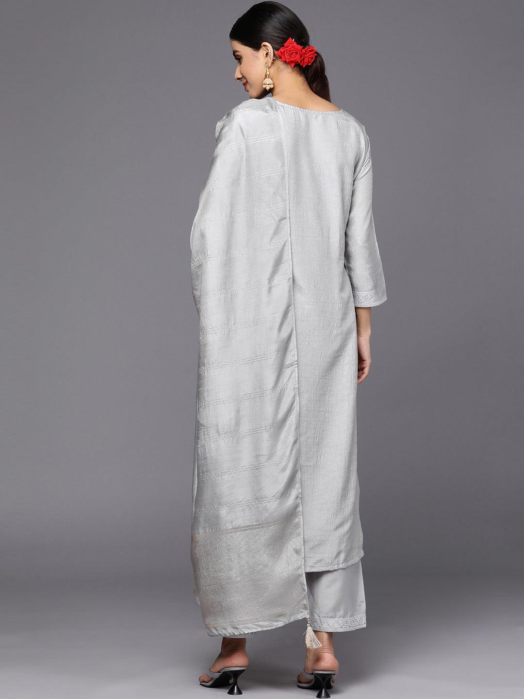 Grey Self Design Silk Blend Straight Suit Set With Trousers - ShopLibas