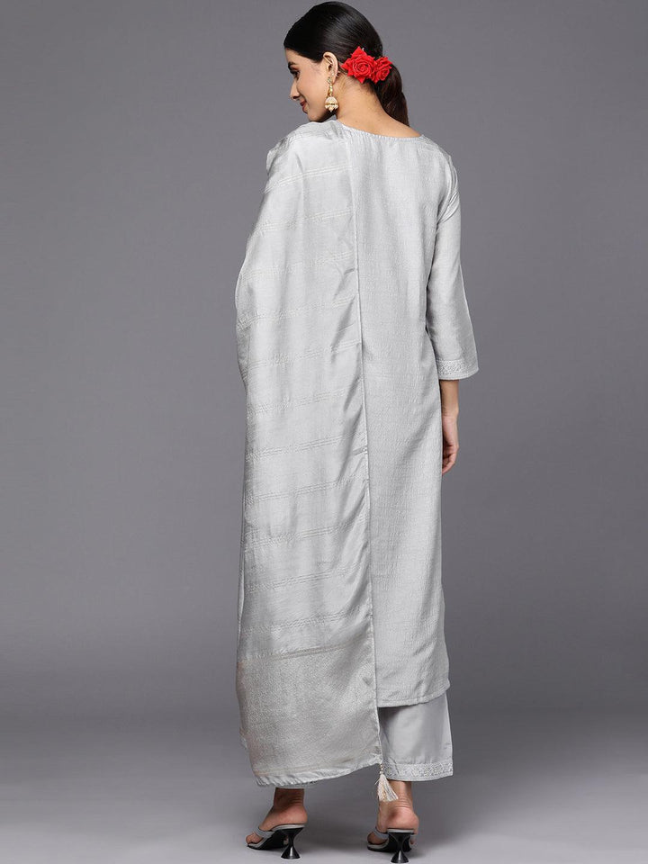 Grey Self Design Silk Blend Straight Suit Set With Trousers - ShopLibas