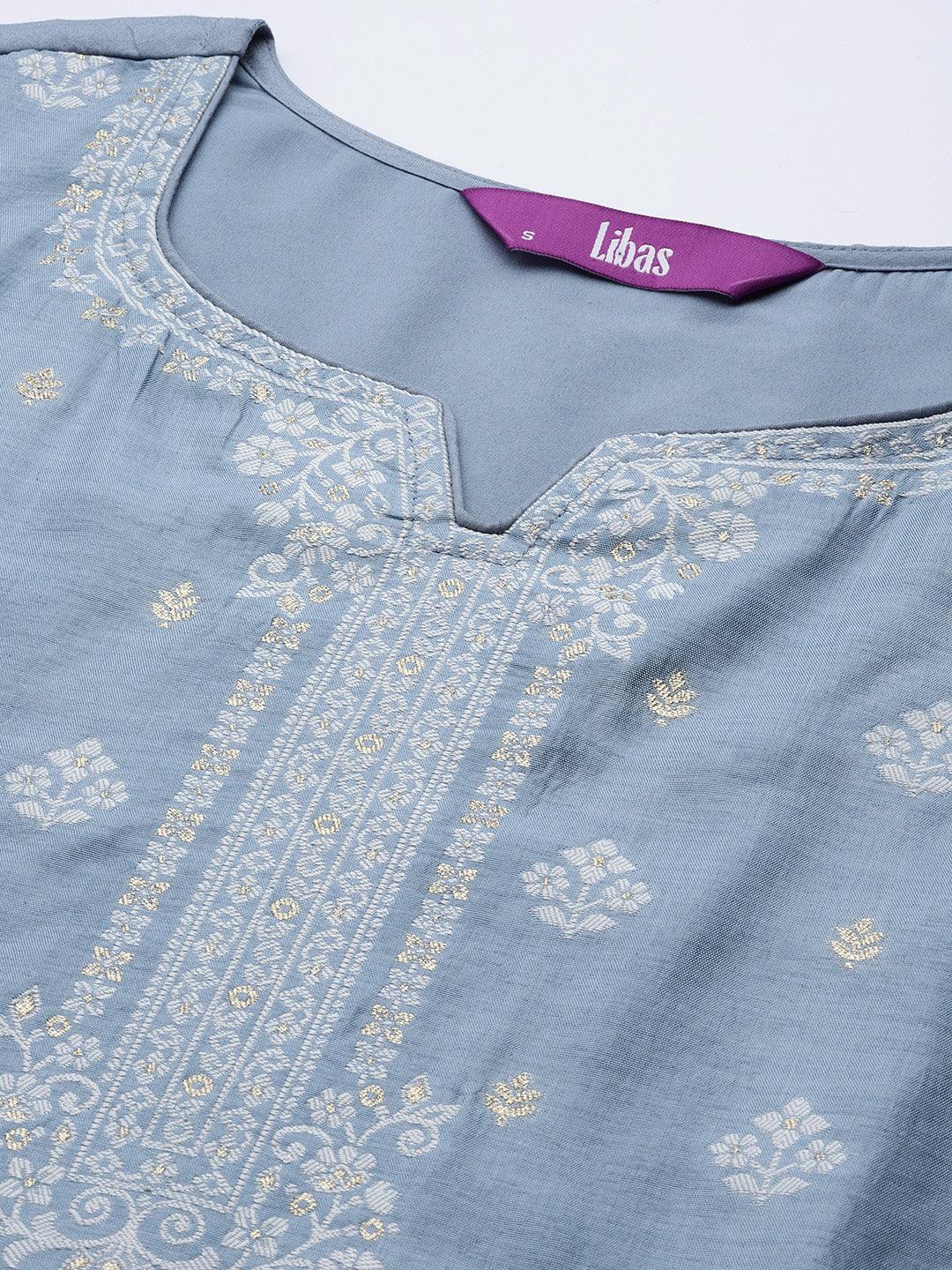 Grey Self Design Silk Blend Suit Set With Trousers - ShopLibas 