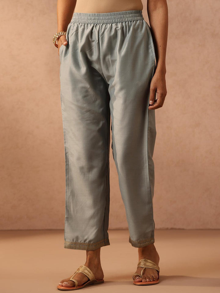 Grey Self Design Silk Blend Suit Set With Trousers - ShopLibas