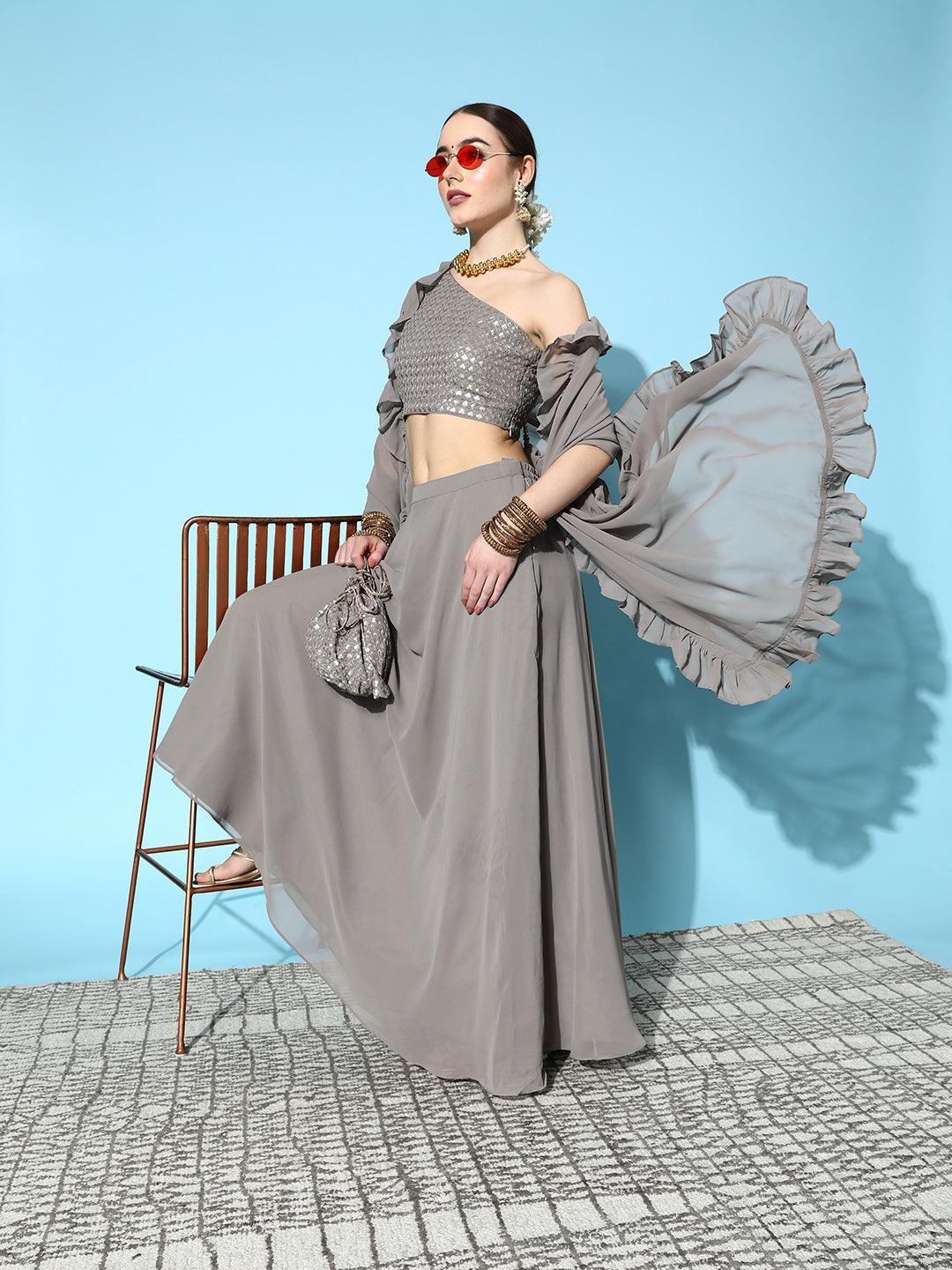 Grey Sequinned Georgette Lehenga Set With Potli - ShopLibas 