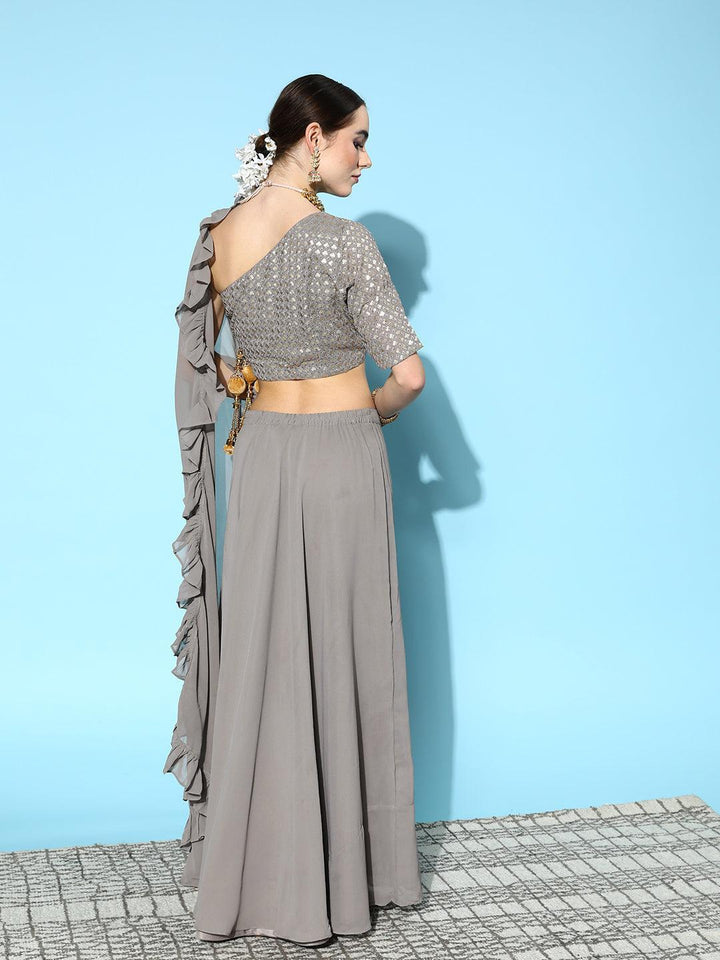 Grey Sequinned Georgette Lehenga Set With Potli