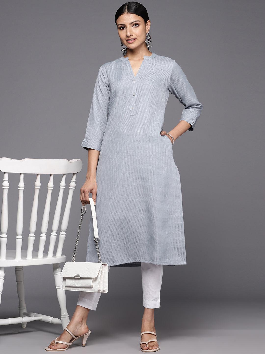 Grey Solid Rayon Straight Kurta - ShopLibas 