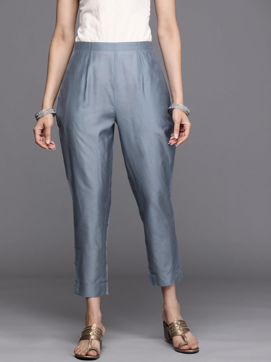 Grey Solid Silk Trousers - ShopLibas
