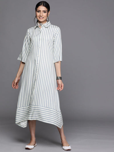 Grey Striped Rayon Dress - ShopLibas