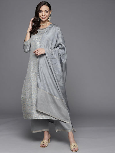 Grey Woven Design Silk Blend Straight Suit Set - ShopLibas