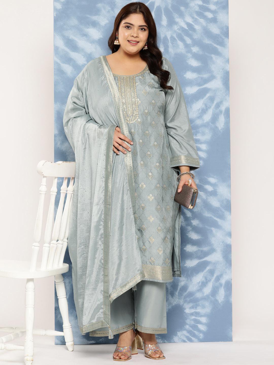 Grey Woven Design Silk Blend Straight Kurta With Trousers and Dupatta - Libas 