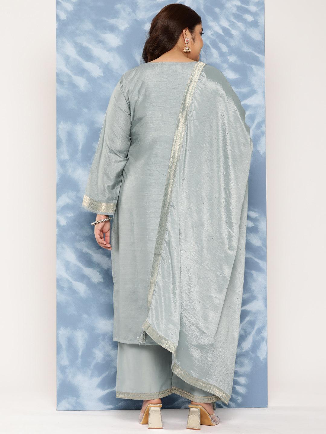 Grey Woven Design Silk Blend Straight Kurta With Trousers and Dupatta - Libas 