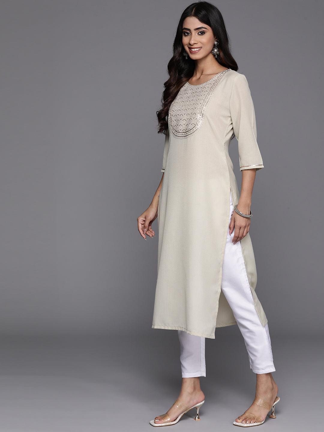 Grey Yoke Design Cotton Straight Kurta - Libas 
