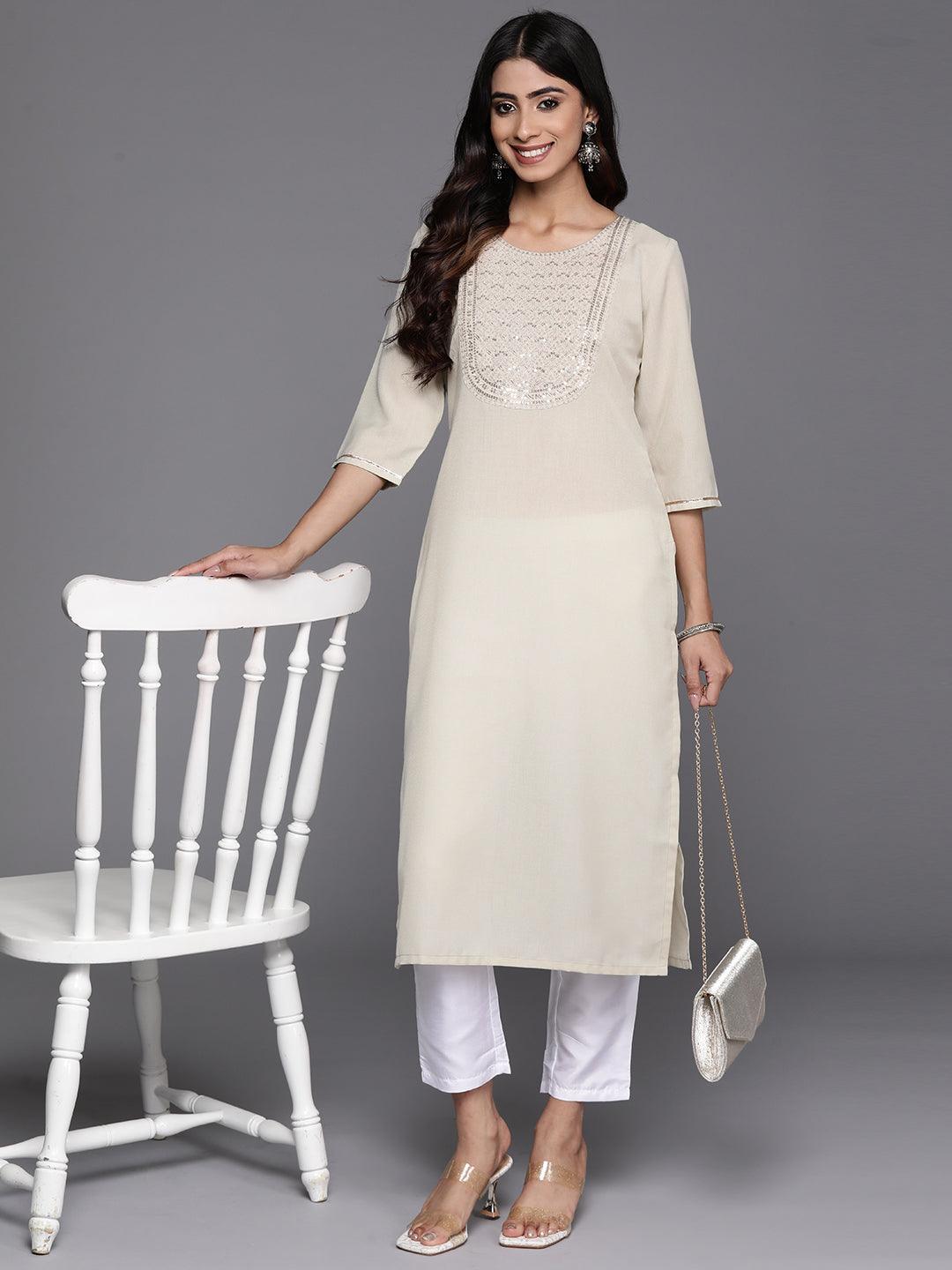 Grey Yoke Design Cotton Straight Kurta - Libas 