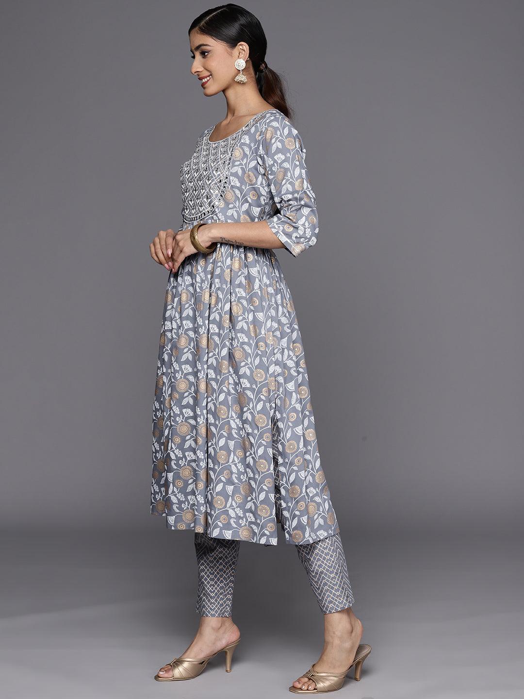 Grey Yoke Design Rayon A-Line Suit Set With Trousers - ShopLibas