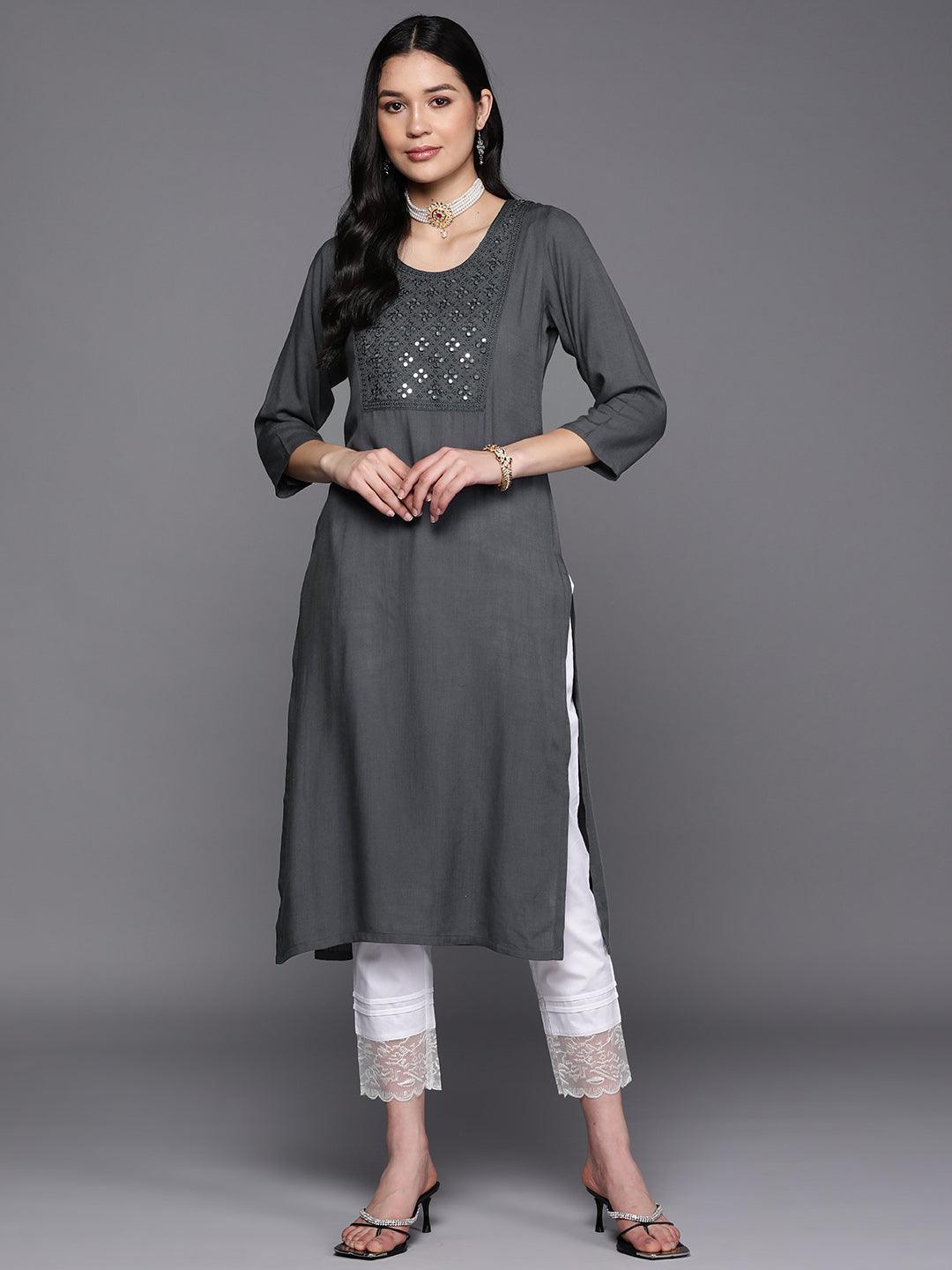 Grey Yoke Design Rayon Straight Kurta - Libas 