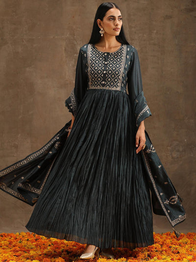 Grey Yoke Design Silk Blend Anarkali Suit Set With Trousers - ShopLibas