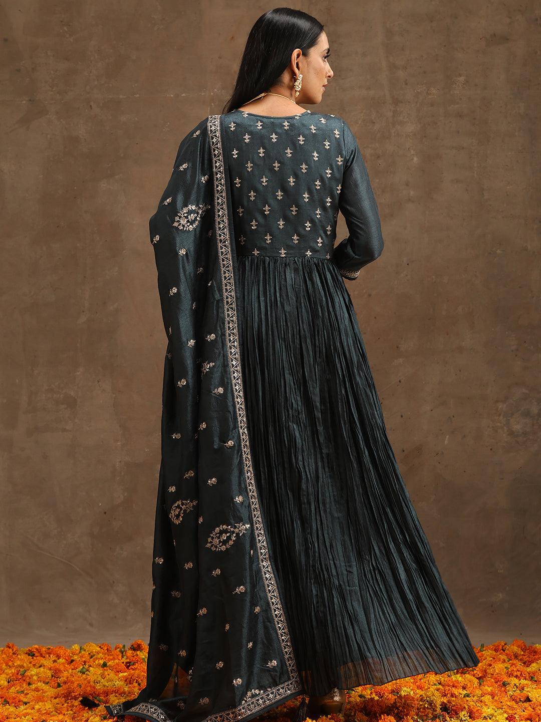 Grey Yoke Design Silk Blend Anarkali Suit Set With Trousers - ShopLibas