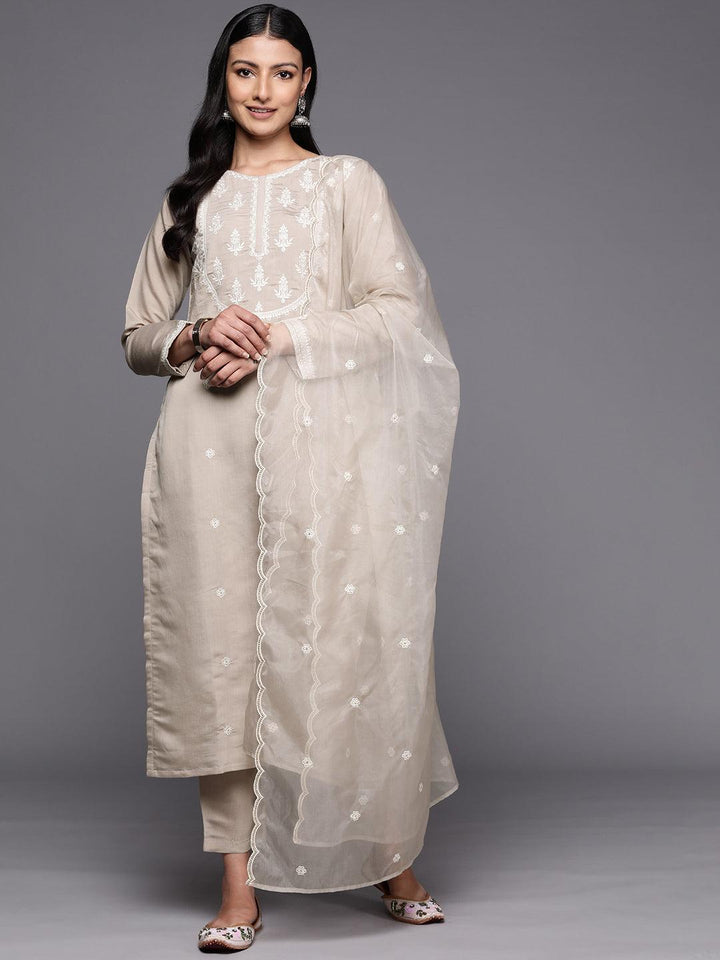 Grey Yoke Design Silk Blend Straight Suit Set With Trousers