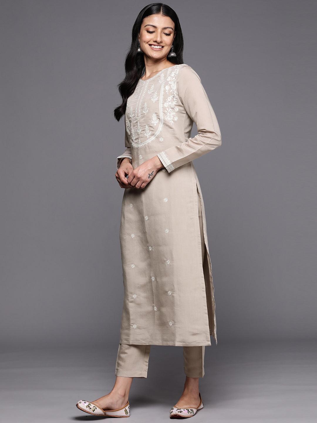 Grey Yoke Design Silk Blend Straight Suit Set With Trousers - ShopLibas 