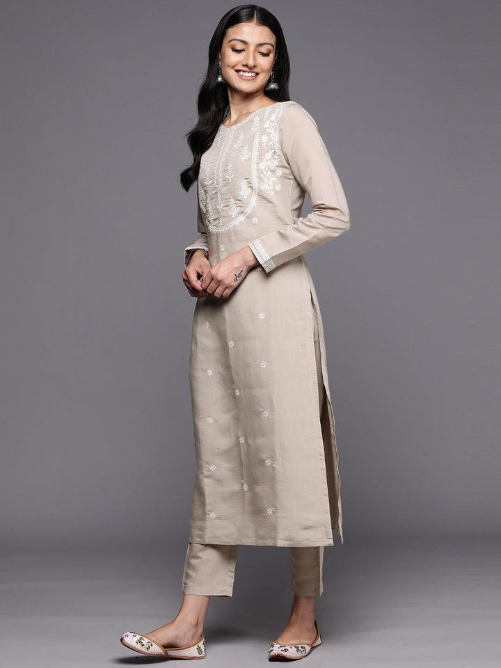 Grey Yoke Design Silk Blend Straight Suit Set With Trousers
