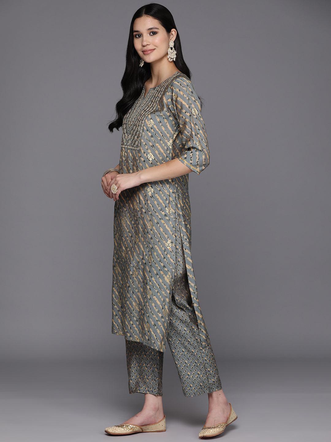 Grey Yoke Design Silk Blend Straight Suit Set With Trousers - Libas 