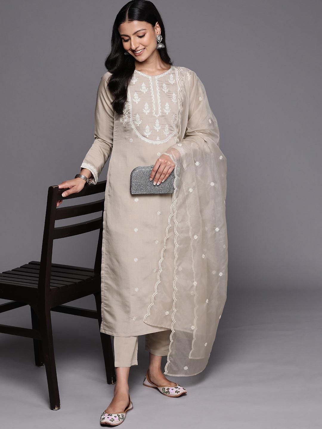 Grey Yoke Design Silk Blend Straight Suit Set With Trousers - ShopLibas 