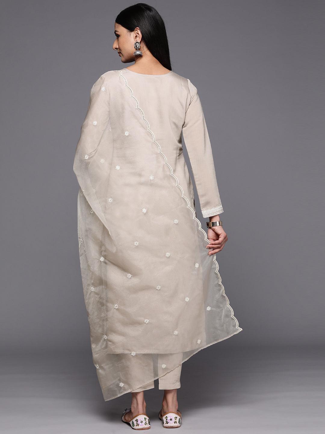 Grey Yoke Design Silk Blend Straight Suit Set With Trousers - ShopLibas 