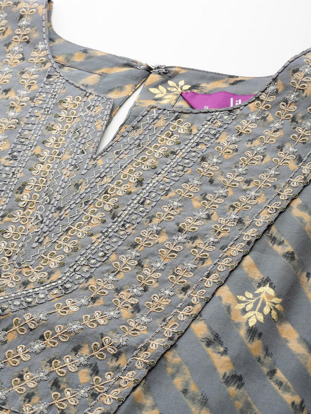 Grey Yoke Design Silk Blend Straight Suit Set With Trousers - Libas 