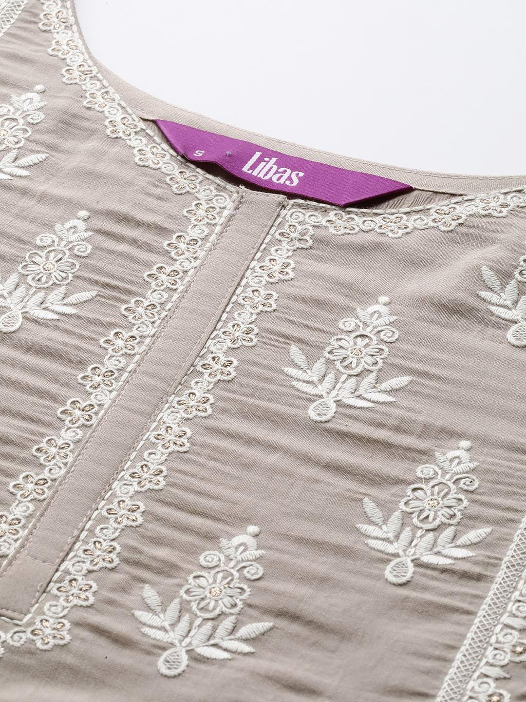Grey Yoke Design Silk Blend Straight Suit Set With Trousers - ShopLibas 