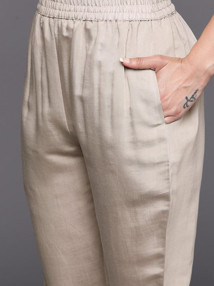Grey Yoke Design Silk Blend Straight Suit Set With Trousers