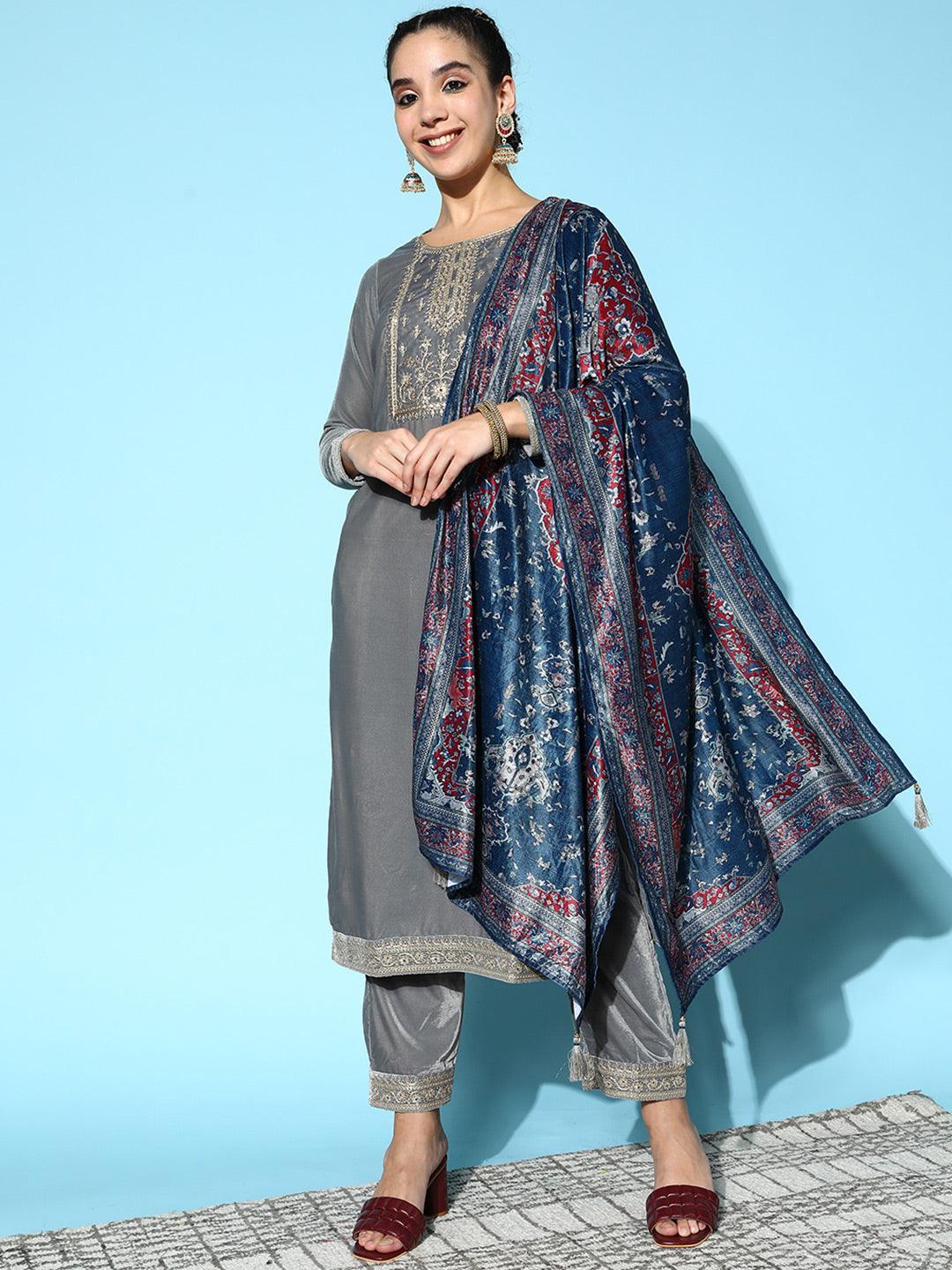 Grey Yoke Design Velvet Straight Suit Set - ShopLibas