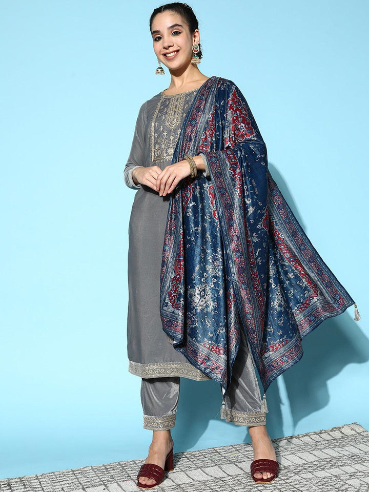 Grey Yoke Design Velvet Straight Suit Set - ShopLibas