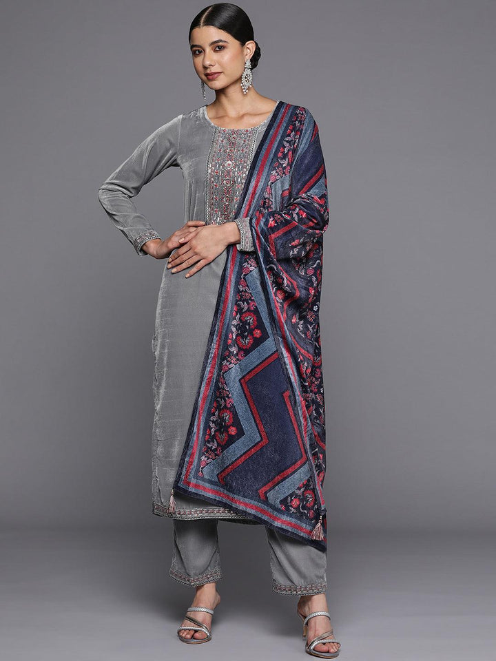 Grey Yoke Design Velvet Straight Suit Set - ShopLibas