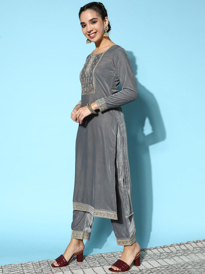 Grey Yoke Design Velvet Straight Suit Set - ShopLibas