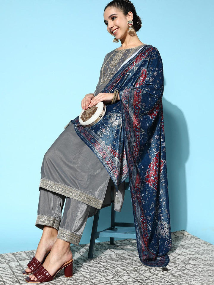 Grey Yoke Design Velvet Straight Suit Set - ShopLibas