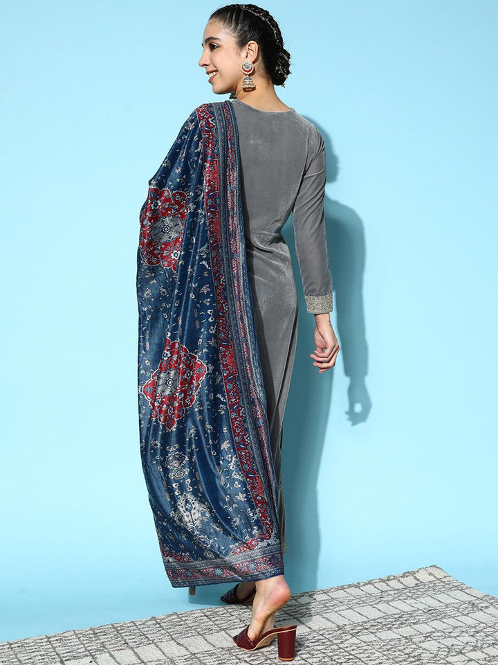 Grey Yoke Design Velvet Straight Suit Set - ShopLibas