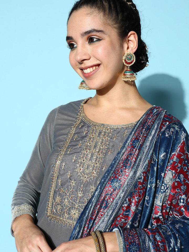 Grey Yoke Design Velvet Straight Suit Set - ShopLibas