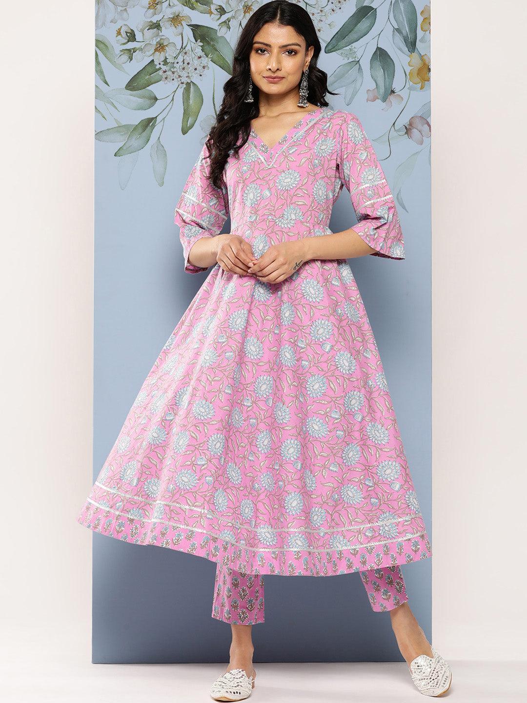 Lavender Printed Cotton Anarkali Kurta Set With Trousers - Libas