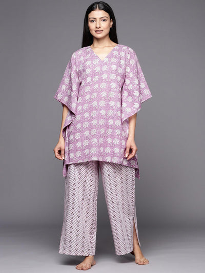 Lavender Printed Cotton Night Suit - ShopLibas