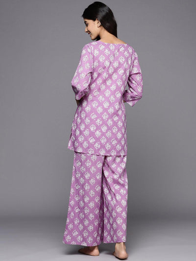 Lavender Printed Cotton Night Suit - ShopLibas