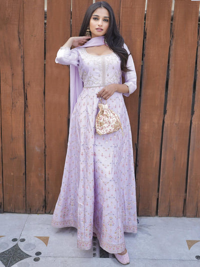 Lavender Self Design Silk Blend Anarkali Suit Set - ShopLibas