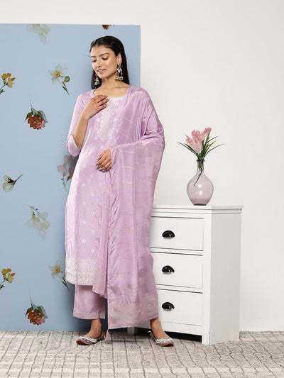 Lavender Self Design Silk Blend Suit Set With Trousers - ShopLibas